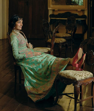 Firozi Green Anarkali And Cropped Jacket Set by Aditi Gupta available on Indiaspopup.com