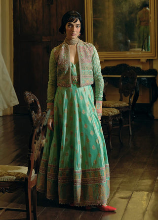 Firozi Green Anarkali And Cropped Jacket Set by Aditi Gupta available on Indiaspopup.com