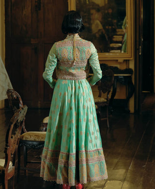 Firozi Green Anarkali And Cropped Jacket Set by Aditi Gupta available on Indiaspopup.com