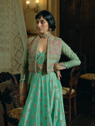 Firozi Green Anarkali And Cropped Jacket Set by Aditi Gupta available on Indiaspopup.com