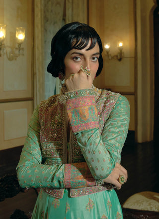 Firozi Green Anarkali And Cropped Jacket Set by Aditi Gupta available on Indiaspopup.com