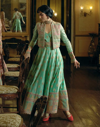 Firozi Green Anarkali And Cropped Jacket Set by Aditi Gupta available on Indiaspopup.com