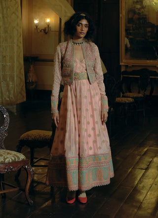 Pink Banarsi Anarkali And Cropped Jacket Set by Aditi Gupta available on Indiaspopup.com