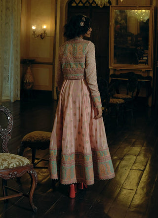 Pink Banarsi Anarkali And Cropped Jacket Set by Aditi Gupta available on Indiaspopup.com