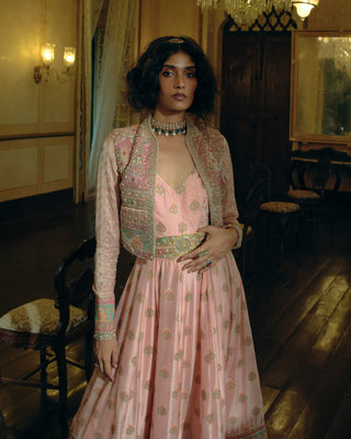 Pink Banarsi Anarkali And Cropped Jacket Set by Aditi Gupta available on Indiaspopup.com