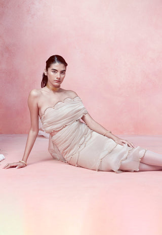 Biscotti Beige Organza Sari With Unstitched Blouse by Ekaya available on Indiaspopup.com