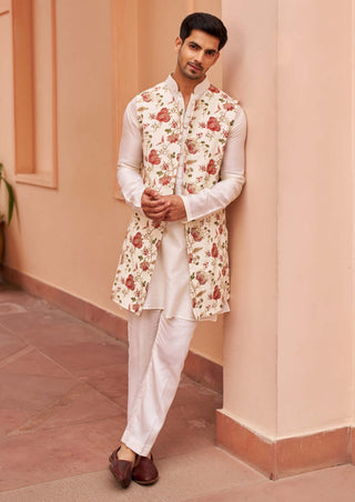 Chhavvi Aggarwal Men-Ivory Kurta Set And Long Bundi-INDIASPOPUP.COM