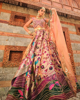 Rose Golden Paithani Silk Lehenga Set by Aditi Gupta available on Indiaspopup.com