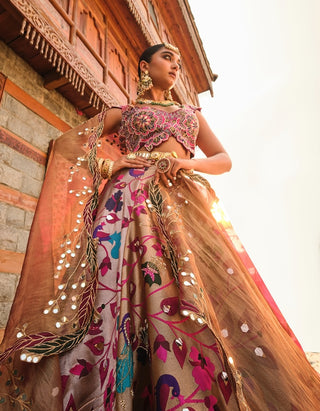 Rose Golden Paithani Silk Lehenga Set by Aditi Gupta available on Indiaspopup.com