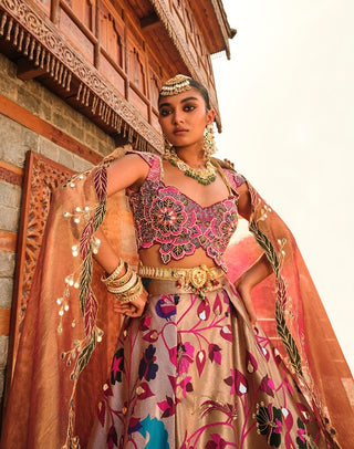 Rose Golden Paithani Silk Lehenga Set by Aditi Gupta available on Indiaspopup.com
