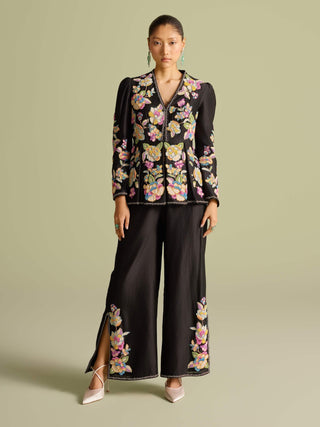 Black Beadwork Pleated Peplum Jacket And Pants by Chandrima available on Indiaspopup.com