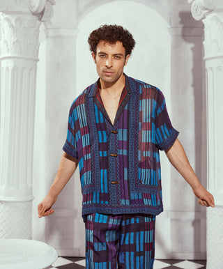 Blue Tile Print Shirt And Pants by Nikita Mhaisalkar Men available on Indiaspopup.com