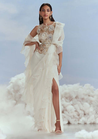 Nachiket Barve-Ivory Draped Slit Ruffle Sari Set-INDIASPOPUP.COM
