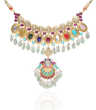 Jayaswi navratan kundan necklace set