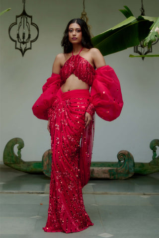 Saavi Red Sari Set by Moledro available on Indiaspopup