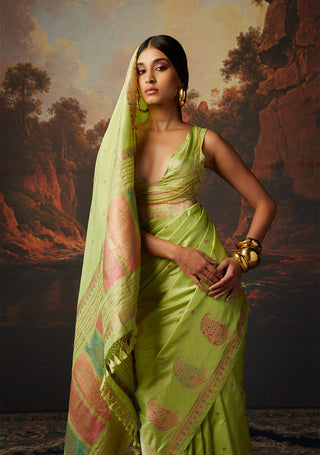 Ekaya-Green Silk Sari And Unstitched Blouse-INDIASPOPUP.COM