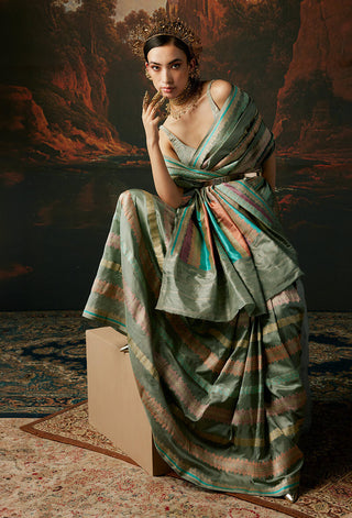 Ekaya-Dusty Blue Silk Sari And Unstitched Blouse-INDIASPOPUP.COM