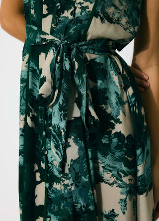Dark green, mint and beige toil print sleeveless dress