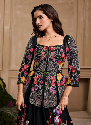Black Floral Embroidered Panelled Jacket And Lehenga by Chandrima available on Indiaspopup