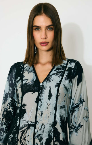 Blue and black toile print dress