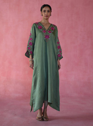 Sheermal Olive Green Kaftan by Begum Pret available on Indiaspopup.com