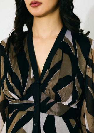 Gold, black and white pattern midi dress