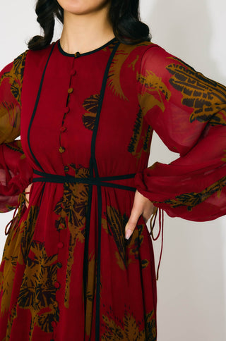 Red, mustard and black floral long shirt dress