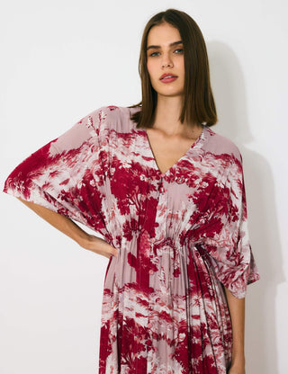 Peach, red and cream toile print kaftan dress