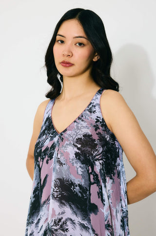Pink, gray and white toile print long dress