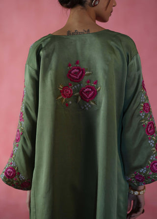Sheermal Olive Green Kaftan by Begum Pret available on Indiaspopup.com