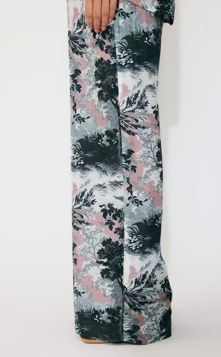 Pink, gray and white toile print shirt and pants