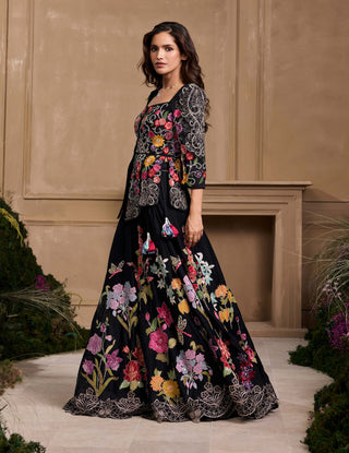Black Floral Embroidered Panelled Jacket And Lehenga by Chandrima available on Indiaspopup