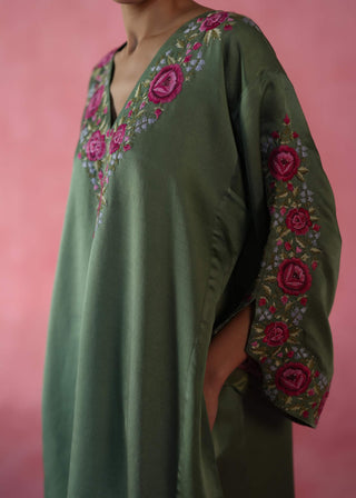 Sheermal Olive Green Kaftan by Begum Pret available on Indiaspopup.com