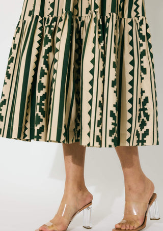 Cream and green pattern sleeveless midi dress
