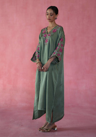 Sheermal Olive Green Kaftan by Begum Pret available on Indiaspopup.com