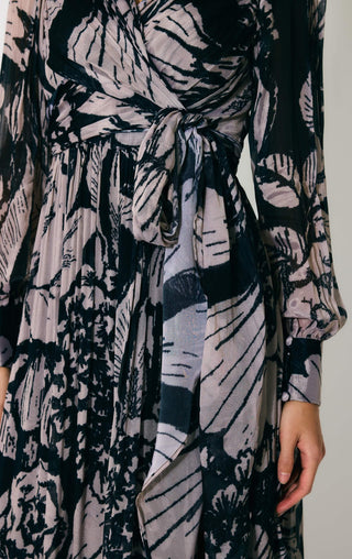 Dark blue and dark peach floral wrap dress
