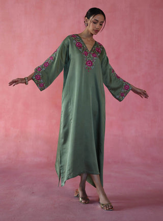 Sheermal Olive Green Kaftan by Begum Pret available on Indiaspopup.com