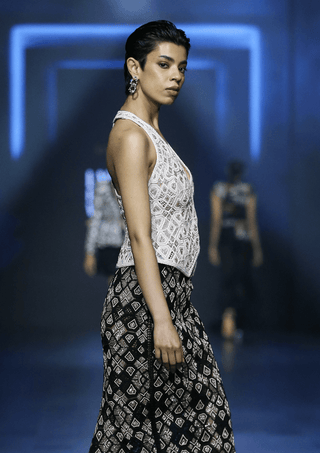 Mystic ivory and black retro midi skirt and retro waistcoat