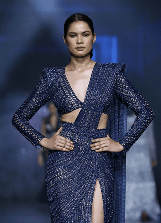 Reverie midnight blue cutwork slit sari and blouse