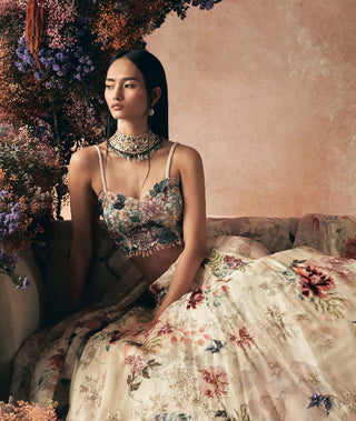 Ivory Floral Printed Lehenga Set by Varun Bahl available on Indiaspopup.com