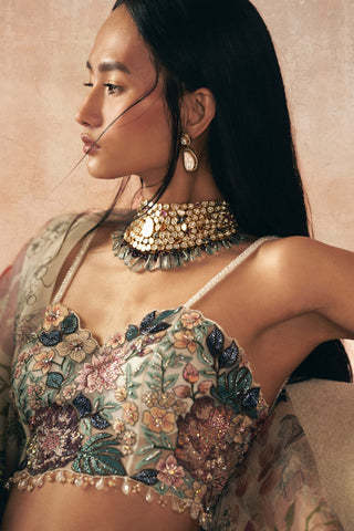 Ivory Floral Printed Lehenga Set by Varun Bahl available on Indiaspopup.com