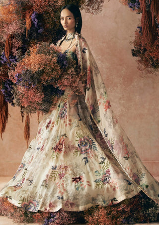 Ivory Floral Printed Lehenga Set by Varun Bahl available on Indiaspopup.com