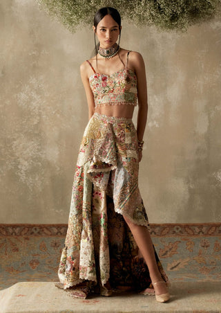 Multicolor Patchwork Asymmetric Skirt And Corset by Varun Bahl available on Indiaspopup.com