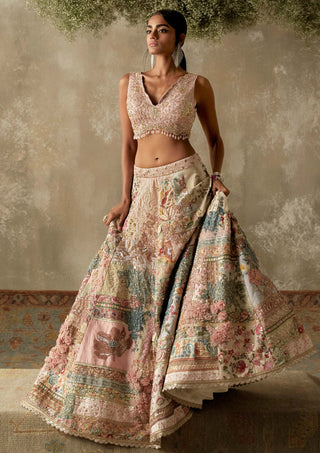 Multicolor Linear Patchwork Lehenga Set by Varun Bahl available on Indiaspopup.com