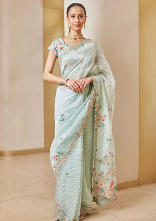 Osaa By Adarsh-Winter Mint Embroidered Sari And Blouse-INDIASPOPUP.COM