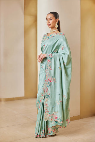 Osaa By Adarsh-Cadet Blue Embroidered Sari And Blouse-INDIASPOPUP.COM