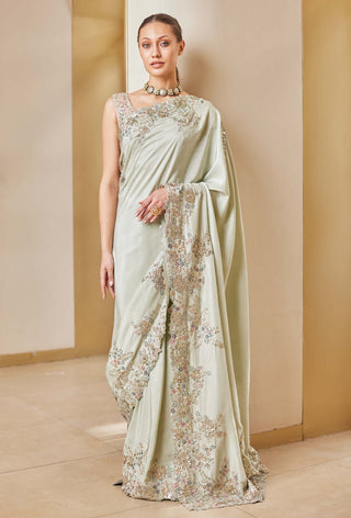 Osaa By Adarsh-Olive Embroidered Sari And Blouse-INDIASPOPUP.COM