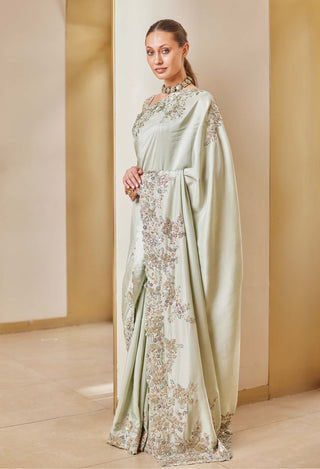 Osaa By Adarsh-Olive Embroidered Sari And Blouse-INDIASPOPUP.COM