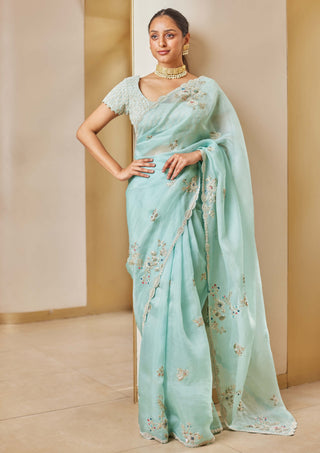 Osaa By Adarsh-Teal Embroidered Sari And Blouse-INDIASPOPUP.COM