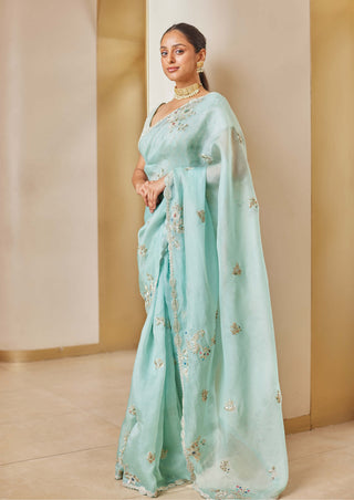 Osaa By Adarsh-Teal Embroidered Sari And Blouse-INDIASPOPUP.COM